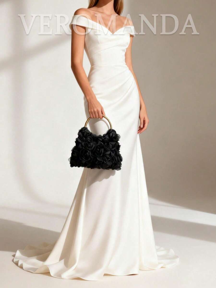 Elegant Rose Flower Clutch Purse, Women Formal Dress Party Handbag, Gentle Sweet Girl's Shoulder Bag, Solid Color Bucket Bag, Bridal Purse - màu đen - Xem 1