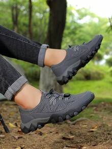 Men's Hiking Shoes Mesh Breathable Outdoor New Men's Sports Shoes Drawstring Design Comfortable Lightweight Men's Casual Shoes Leather & Mesh Thick Sole Slip-Resistant Men's Outdoor Training Shoes - Grey - View 4