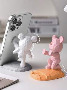 Cute Bear Shape Phone Stand Compatible With Both Mobile Phone And Tablet Multi-Color Cartoon Phone Holder Suitable For Desk, Bedside, Living Room, Study, Bedroom, Gift, Etc. Home Desk Decor Home & Office Gadget Tool Home Essential - White - View 2