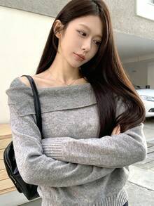Solid Color Ribbed Knit Asymmetrical Shoulder Casual Top