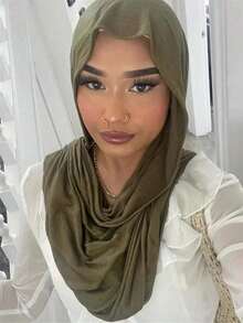 1件装女士时尚简约柔软纯色头巾，穆斯林纯色长款头巾，阿拉伯穆斯林针织头巾，针织头巾，轻盈透气，适合所有季节 - 軍綠色 - 查看 2