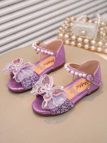 1 đôi dép xăng đan trẻ em đính đá, ngọc trai, nơ, chất liệu PU sần, mũi tròn, thích hợp cho mang hàng ngày, khiêu vũ, hoạt động ngoài trời, lễ hội, tiệc tùng, giày công chúa lấp lánh, phù hợp cho mùa xuân, hè, thu. - Màu tím - Xem 4