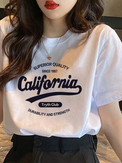 Japanese Style Women's Loose Casual Round Neck Letter & Cartoon Print Short Sleeve T-Shirt, Versatile For Spring/Summer