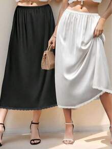1pc/2pcs Women Satin Contrast Lace Lining Skirt, New Anti-Sheer Anti-Flashing Ruffle Hem A-Line Skirt, Matching Outfit - Multicolor - View 1