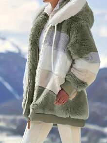 Women's Winter Casual Plaid Lined Hooded Regular Jacket, Warm Autumn/Winter Outerwear With Zipper Closure, Multi-Color Patchwork Design, And Fluffy Lined For Cozy Warmth, Cozy Winter Wear | Elegant Outerwear, Christmas Outfit, Local Warehouse - màu xanh lá - Xem 3