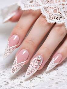 24 Piece Almond Shaped Push On Nails Lace French Design Manicure Set, Including 1 Piece Of Jelly Glue And 1 Nail File, Suitable For Ladies Parties, Proms, Daily Casual Wear. Detachable And Reusable Nail Art - Multicolor - View 1