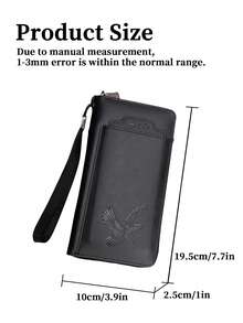 HOVI'S 男士长款拉链钱包 - 棕色高品质布料钱包，饰有老鹰压纹，可拆卸卡套和腕带，12个以上卡位+手机隔层，2024商务钱包