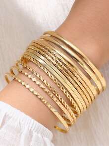12pcs Fashionable Minimalist Alloy Bracelet & Bangle Set - Yellow Gold - View 3