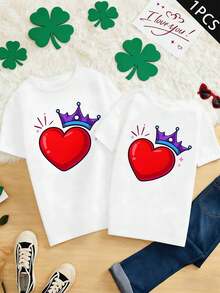 T-shirt Partner à imprimé couronne et cœur, automne, matière premium, col rond, coupe décontractée, confortable, casual, neuf - FemmeBlanc-1PC - Voir 2