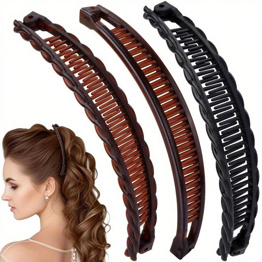 Large Banana Hair Clip For Women - Retro Anti-Slip Double Teeth, Suitable For Thick, Long, Curly Hair And Gentle Detangling, Available In Coffee And Black. A Durable Holiday Accessory With A Vintage Style, Perfect For Valentine's Day. Long Curly Hair Styling Tool, Thick Hair Accessory, Double-Tooth Hair Clip, Anti-Slip Hair Clip, Black Retro Hair Clip, Vintage Style Hairpin. - màu nâu - Xem 1