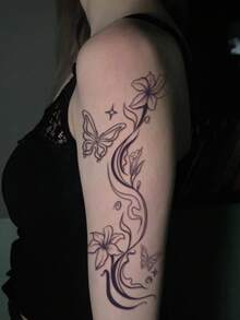 1pc Botanical Temporary Tattoo Sticker, Elegant Floral & Butterfly Inspired Waterproof Temporary Tattoo Sticker, Suitable For Fashion Enthusiasts - Black - View 3