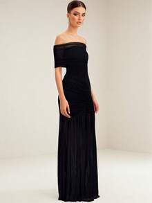 UNITHORSE Off-Shoulder Short Sleeve Cinched Waist Mesh Formal Evening Dress - Black - View 2