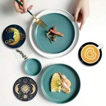 一套6个圆形木质杯垫 - 星月图案，复合木质杯垫，适用于咖啡杯和茶杯，阿拉伯风格派对装饰，家居和餐桌装饰，理想的派对礼物 - 彩色 - 查看 5