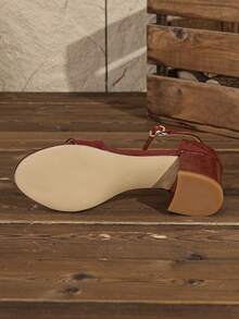 Women's Peep Toe Strap Fashion Versatile Chunky Heel 2.5 Inch Sandals - Burgundy - View 6