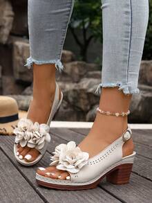 New Fashionable Versatile Casual Lightweight Open Toe Chunky Heel Single Strap Floral Beach Sandals - Beige - View 5