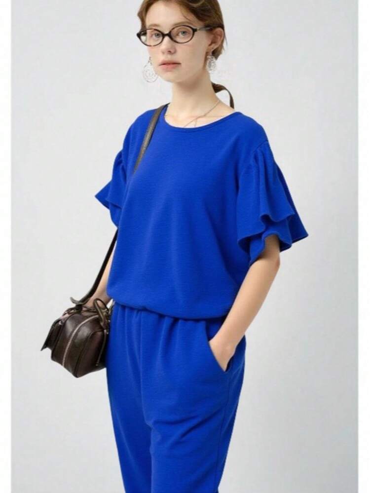 Women's Duna Short Sleeve Jogger Pants Set - Summer Spring - Blue - View 3