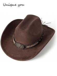 Unisex Western Cowboy Hat, Retro Style With Woven Leather Belt And Classic Silver Bull Head Decor, Suitable For Weddings, Festivals, Western Cowboy Parties And Bars - Top Hat - View 4