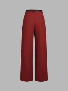 Mid-Rise Solid Color Elegant Straight-Leg Pants With Belt Spring - Red - View 4