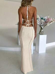 针织镂空连衣裙，薄纱钩编罩衫，纯色针织露背交叉绑带度假连衣裙，春夏秋季 - 杏色 - 查看 2
