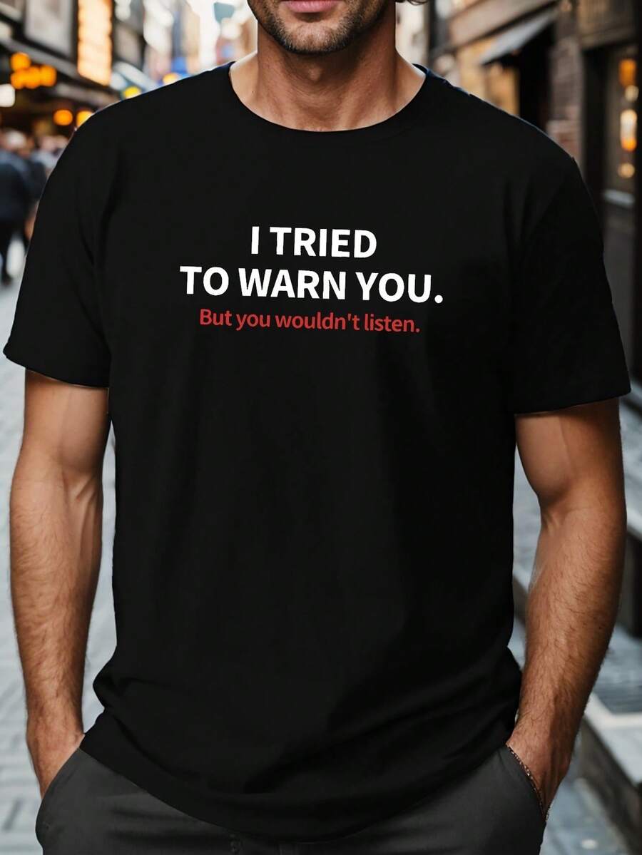 Plus Size Men's I Tried To Warn You Graphic T-Shirt - Funny Warning Sign Print Oversized Casual Tee, Loose Fit Short Sleeve Shirt For Year-Round, Machine Washable For Sports & Outdoor (Warning Message Design), PLUS SIZE - màu đen - Xem 1