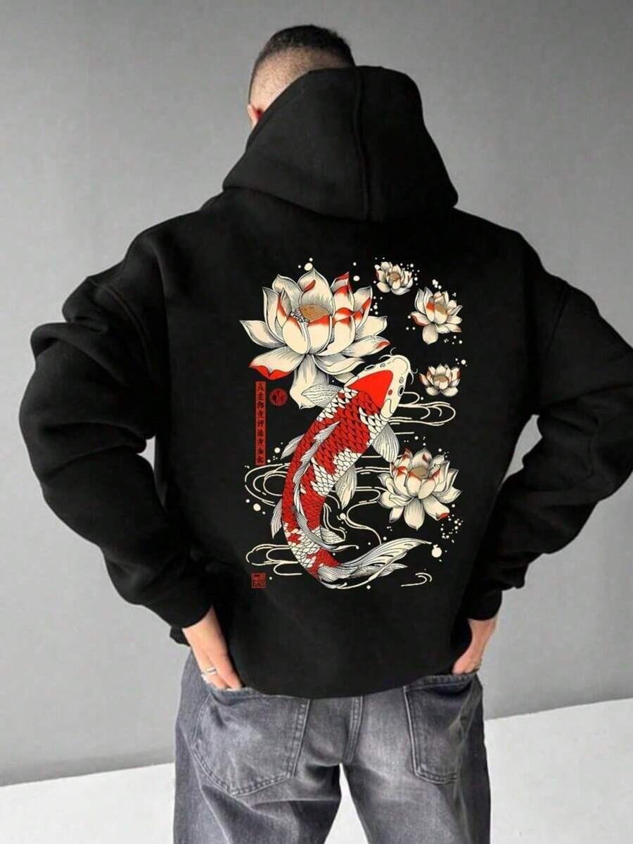 1pc Men's Plus Size Cartoon Print Hoodie Sweatshirt, Suitable For Casual Outings And Street Wear, Autumn/Winter - Black - View 1