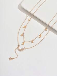 1 Set Nuevo Collar Colgante Minimalista Creativo de Combinación de Estrella y Luna con Borla de Doble Capa, Versátil para Mujeres, Ideal para Vestidos de Festival, Regalo Ideal para Familia/Amigos - Amarillo Oro - Ver 3