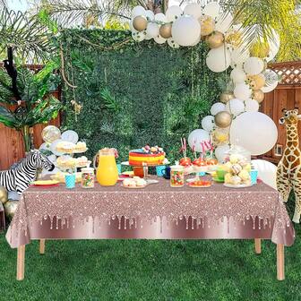 1pc Rose Gold Glitter Disposable Plastic Party Tablecloth, Suitable For Indoor/Outdoor Wedding, Birthday, Anniversary Party