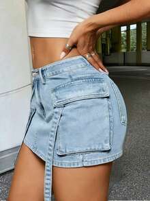Fashionable Straight Fit Mini Skirt, Casual Street Style Multi-Pocket Design, Women's Washed Light Blue Denim Skirt - Light Wash - View 5