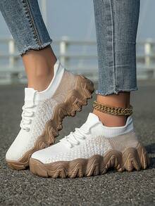 Women's Walking Shoes, White Knit Sneakers With Brown Wave Sole Design & Gold Ankle Chain, Breathable Athletic Shoes For Casual Wear, Comfortable Fashion Gift For Her - 白卡 - 查看 2