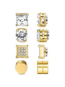 4 Pairs Stainless Steel Magnetic Earrings, Fashionable Cubic Zirconia Magnetic Clip-On Earrings For Men, No Piercing Needed, Gold Color Earrings, Multiple Styles, Can Be Freely Matched With Nose Rings, Gifts For Valentine's Day, Mother's Day, Friends, And Moms - Multiple Styles - View 8