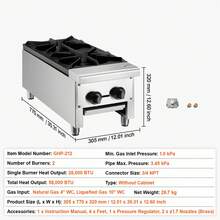Estufa de gas comercial con 2 quemadores, Gama de estufas de cocina de encimera de propano y gas natural, Placa caliente de gas de acero inoxidable, Equipo de cocina comercial para restaurante, 56.000 BTU - 2 quemadores - Ver 7