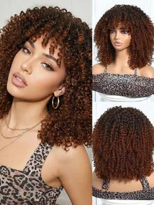 14英寸齐肩卷发假发，带刘海，棕金色渐变非裔蓬松卷发，自然蓬松，适合日常佩戴，也适合万圣节、圣诞节、新年、狂欢节、音乐节、角色扮演等场合，是送给女孩、毕业生、万圣节和圣诞节的理想礼物。 - 漸層棕色 - 查看 2