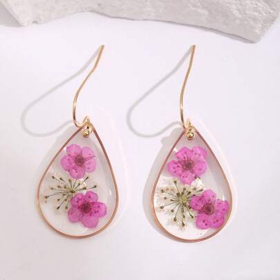 1 par de pendientes de resina con flores secas de nomeolvides en forma de lágrima, adecuados para el uso diario de las mujeres