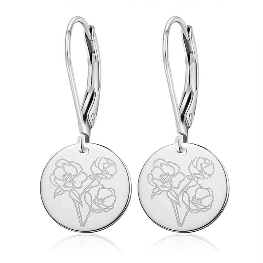 1 pieza Pendientes minimalistas de plata 925 con grabado láser redondo, adecuados para uso diario, reuniones, ir al trabajo, regalo para mujeres - Plateado - Ver 1