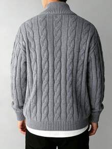 1件男士复古硬币纯色针织毛衣，休闲通勤时尚街头风保暖舒适四分之一拉链高领套头衫，春秋季 - 灰色 - 查看 2
