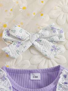 女婴可爱碎花圆领荷叶边纹理面料连体衣和发带套装，夏季 - 紫丁香色 - 查看 4