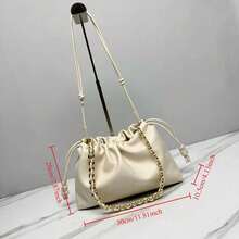 Cream Soft Leather Drawstring Bucket Bag For Women, Gold Chain Strap With Knot Detail, Spacious Cloud Tote Crossbody Shoulder Purse, Everyday Elegant Handbag - Blanco lechoso - Ver 1
