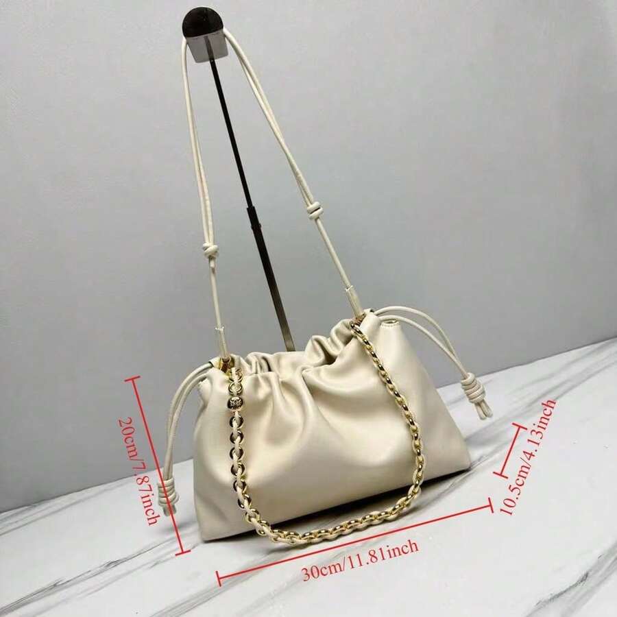 Cream Soft Leather Drawstring Bucket Bag For Women, Gold Chain Strap With Knot Detail, Spacious Cloud Tote Crossbody Shoulder Purse, Everyday Elegant Handbag - Blanco lechoso - Ver 1