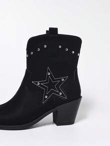Black Embroidered Rivet Mid-Heel Square Toe Chelsea Boots, New Elegant Versatile Vacation Fashion Women Ankle Boots - Black - View 5
