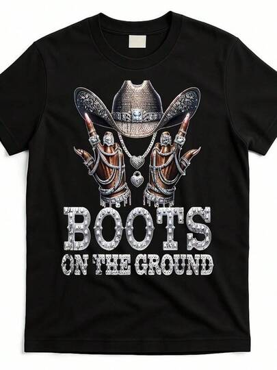 2026 Men's Women's New Year Clothes,  T-Shirt, Valentine's Top, Women's Vintage Western Graphic T-Shirt Boots On The Ground Cowboy Cowgirl Design, Comfortable 100% Cotton Round Neck Short Sleeve Tee, Casual Streetwear For Outdoor & Casual Attire, Western T Shirt Size From S-XXXL, Sports Tee, Men Clothes, Tops For Men, Graphic Tees, Cute Tops, Tops For Women, Unisex Football Den Graphic Print T Shirt For S Party And Valentine's Date, Game Day Family Couple Outfit, Perfect  & Holiday Gift For Men And Women