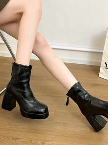 黑色软后拉链欧美风时尚女靴，厚底防水厚底圆头百搭优雅街头风音乐节假日派对踝靴，四季皆宜 - 黑色 - 查看 7
