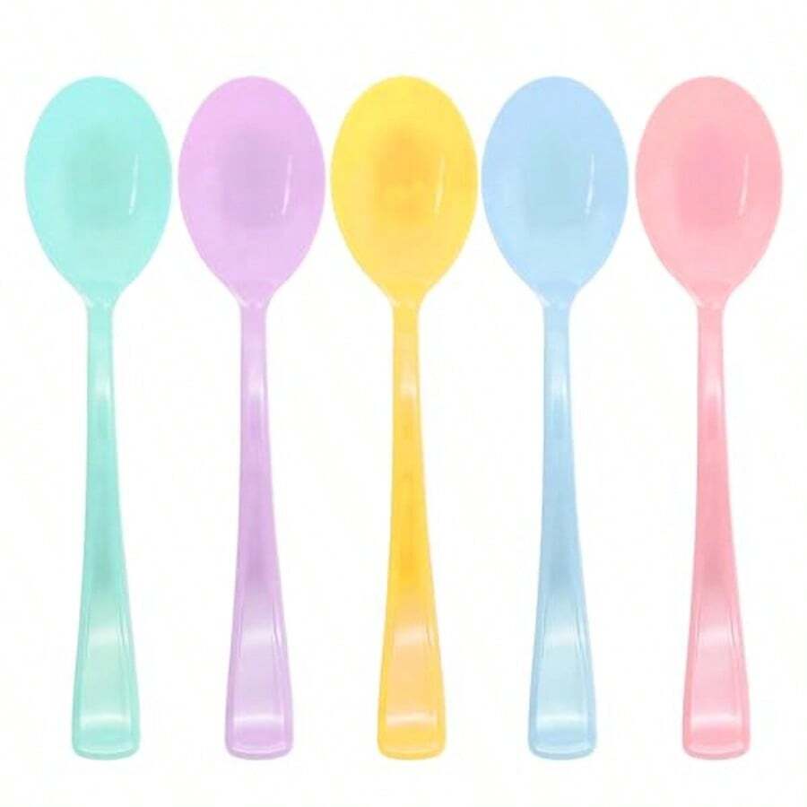 50 Pcs Pastel Plastic Spoon Heavy Duty 5 Macaron Colors Iludes   Yw Teal  Iridescent Ware Pastel Disposable Ware For Birthday Garden Party  Shower - 粉彩 - 查看 1