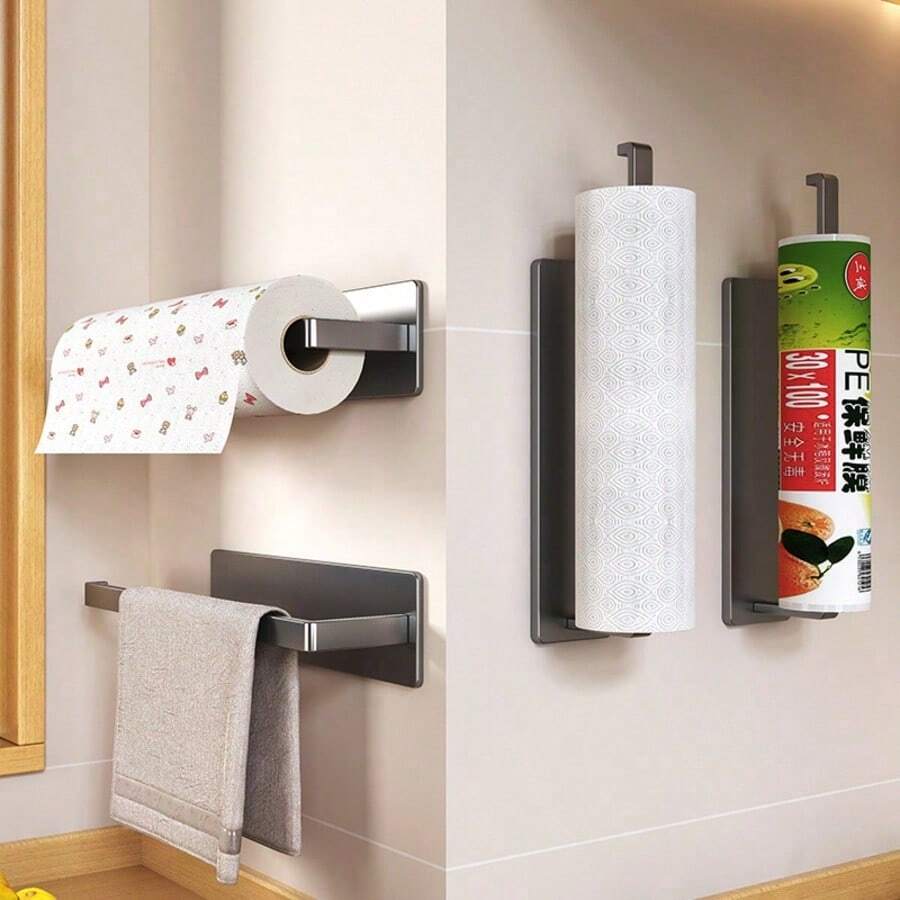 1pc Wall-Mounted Paperless Kitchen Paper Towel Holder, No Drill Paper Towel & Cling Film Storage Rack - Multicolor - View 1