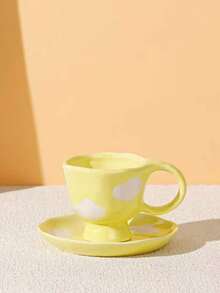 1pc Cute Blue Sky & White Cloud Ceramic Coffee Cup & Saucer Set, Lovely Cartoon Stemware, Birthday Blessing, Party Supplies, Gift For Boyfriend Or Girlfriend - Multicolor - View 6