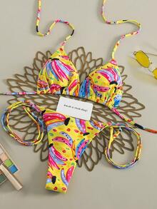 两件套亮黄色、粉色、蓝色、橙色多色抽象涂鸦印花比基尼套装，柔软弹力速干面料，修身剪裁，适合海滩、热带旅行、泳池派对、邮轮、情人节假期等场合。 - 黃色 - 查看 4