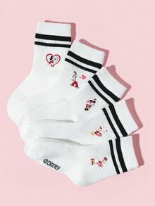 Disney 1/5双装迪士尼女孩/儿童设计运动双横条纹中筒袜，个性化卡通爱心米妮米奇/黛丝唐老鸭图案装饰，多功能透气吸湿中筒袜，简约休闲精致柔软亲肤学院风蕾丝袜，适合日常穿着、校园活动、派对、休闲活动，多种组合可选 - 彩色 - 查看 2