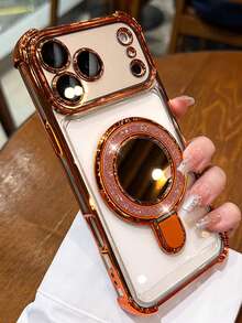 奢华电镀闪粉透明支架手机壳，兼容 17 Pro Max、17 Pro、17、16 Pro Max、16 Pro、16、16、15 Pro Max、15 Pro Max、15 Pro、15 Pro Max、14 Pro、13 Pro Max、12 Pro Max、11，时尚电镀透明摄像头保护后盖 - 橘色 - 查看 4