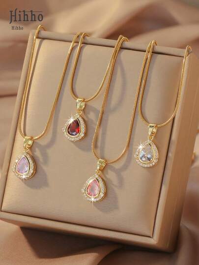 Hihho 1pc Teardrop Colorful Cubic Zirconia Plated Gold Titanium Steel Snake Chain Necklace, Cute & Sweet, Suitable For Women's Daily Work Outfit, Valentine's Day, Party, Gift
