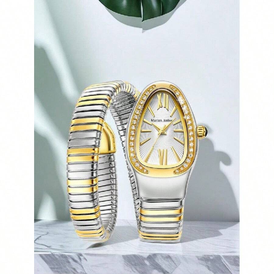 Women's Modern Snake Cuff Bracelet Design Quartz Stainless Steel Watch, Rhinestone Decor Exquisite Analog Wristwatch, Rhinestone Decorated Fashionable Gold Watches For Women As Gift, Accessories, Jewellery - trắng - Xem 1