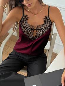 Camiseta sin espalda sexy de encaje y satén con parches, adecuada para Halloween, fiestas, vacaciones en la playa y uso casual en verano - Burdeos - Ver 5